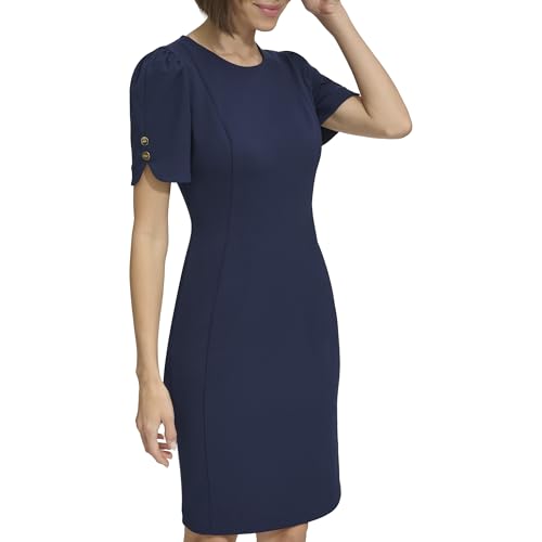 Image of DKNY Women's Short Tulip Sleeve Sheath Dress with Button Detail