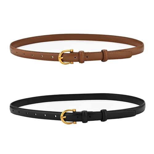 AABDTYYD Paquete de 2 Cinturon Mujer,Cinturón Mujer para Pantalones Vaqueros,Cinturon Mujer Piel PU con Hebilla Dorada,Cinturón de Moda para Damas para Vestidos (Negro,Marrón)