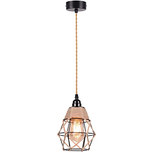 AWEKLIY Industrielle Vintage-Hängelampe aus Metall, natürliches Hanfseil, Beleuchtungslampe, E27-Innendeckenlampe, rustikale antike Lampe, geeignet für Wohnzimmer, Esszimmer (schwarz, 1 Stück)