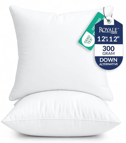 ROYALE LINENS 12 x 12 Pillow Insert - Down Alternative Throw Pillows Insert - Square Pillow Pack of 2 White - Bed & Couch Pillows - Inner Cushion for Bed Cushion for Living Room - Shams Stuffer