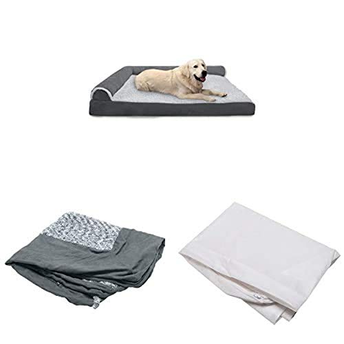 Furhaven Pet Bundle - Jumbo Plus Stone Gray Deluxe Memory Foam Two-Tone Plush Faux Fur & Suede L Shaped Chaise, Extra Dog Bed Cover, & Water-Resistant Mattress Liner For Dogs & Cats #TOP7