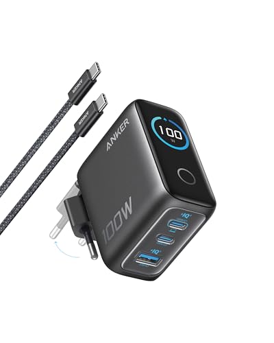 Anker Cargador USB C 100 W, Cargador de Pared GAN Compacto de 3 Puertos, Pantalla Inteligente, Control por Toque, Compatible con MacBook, iPad, Series iPhone 17/16/15