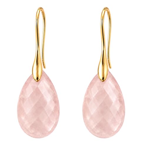 Image of Gempires Handmade Rose Quartz Rose-Cut Pear Drop Earrings for Women | Gold-Plated Hypoallergenic Lightweight Dangle Earrings | Romantic Boho Statement Jewellery for Weddings & Everyday Wear
