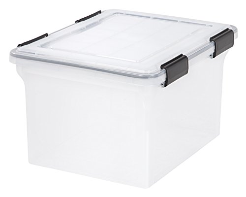 Image of IRIS USA 32 Quart WEATHERPRO Plastic Storage Box with Durable Lid and Seal and Secure Latching Buckles, Clear with Black Buckles, 6 Pack