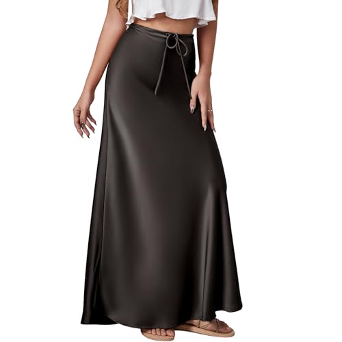 Long Silk Skirt Women's Spring Summer Satin Silk High Waist Drawstring Ruffle A Line Maxi Skirt