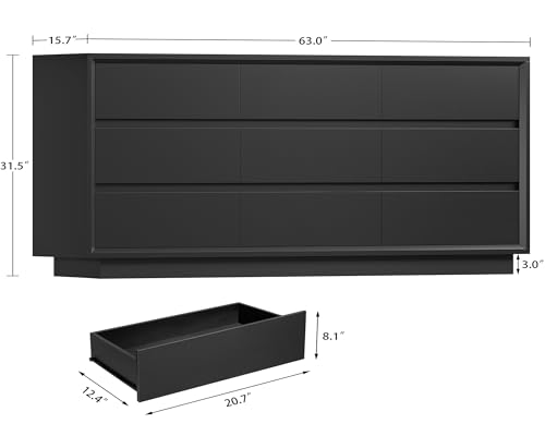 Image of TEENFON 63 inch Dresser for Bedroom with 9 Drawers, Black Dresser with Metal Slide, Bedroom Dressers, Wood Dressers & Chests of Drawers for Bedroom, Hallway, Black