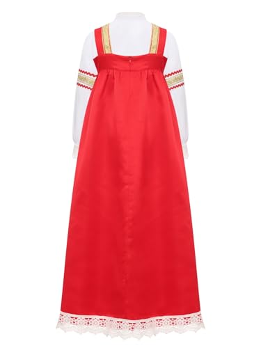 Child Girls Russian Ethnic Performance Dress Embroidered Blouse with Overalls and Headpiece White&Red 10 Years4