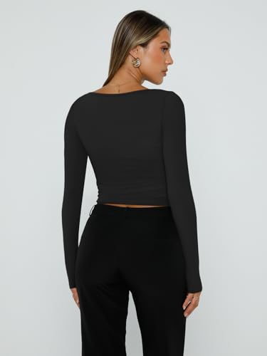 Trendy Queen Womens Long Sleeve Shirts Square Neck Going Out Crop Tops Fashion Y2k Workout Clothes Fall Outfits 20254