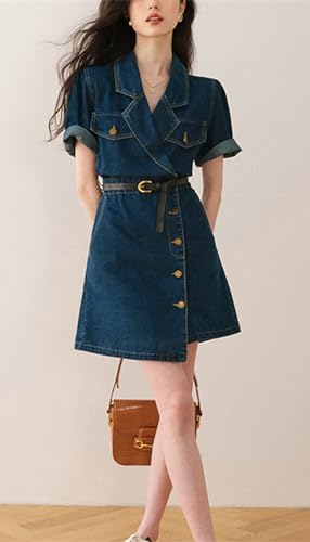 CHARTOU Women Denim Mini Dress Tailored Collar Elastic Waist Irregular A Line Short Jean Dress3