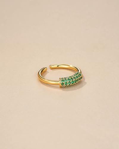 Dainty Thin Pave Green Emerald Adjustable Open Ring for Women by SNGIA, Summer Beach Unique Handmade CZ Band, Minimalist Gemstone Stackable Wedding Date Birthday Gift, Statement Irregular Trendy Ribbed Jewelry, Textured Patterned Fashion Accessories, Vintage Hammered Circular Nickle Free Gifts.3