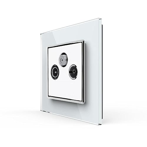 Livolo, tripla TV TV / radio FM, satellite, presa di giunzione per una presa a incasso, cavo multimediale con cornice in vetro, colore bianco