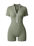 OQQ Women Rompers Ribbed Short Sleeve Zip Front Stretch Tummy Control Yoga Workout Rompers Greygreen