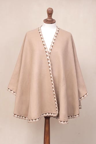 NOVICA Artisan Handmade Alpaca Blend Ruana in Caramel from Peru Wool Clothing Wraps Ruanas Brown Solid ' Cozy Holiday in Caramel'4