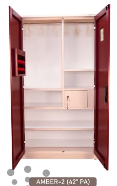 Image of Triveni INTERIO, Slimline 2 Door Steel Wardrobe with Locker (Finish: Body - Royal Ivory, Door - Textured Maroon Color) with 7 Shelves