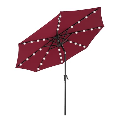 COBANA 9’ Solar Patio Umbrella with 32 LED Lights, Outdoor Table Market Umbrella with Tilt and Crank for Garden, Lawn, Deck, Backyard and Pool, Dark Red