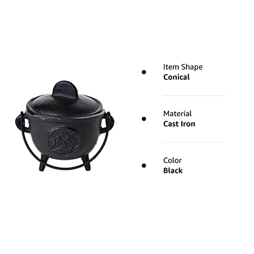 Azuregreen Home Fragrance Incense Holder Cauldrons Tree Of Life Cast Iron Three Legged With Handle And Lid 5" #TOP2