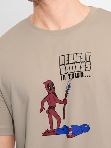 Image of The Souled Store Official Deadpool: Newest Badass Men and Boys Short Sleeves Round Neck Brown Graphic Printed Regular Fit Cotton T-Shirts