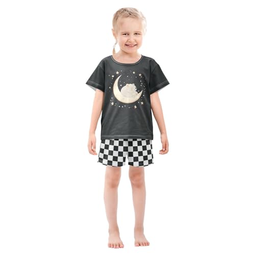 Checkerboard Plaid Bear Moon Black Pajama Set Short Sleeve Summer Pajamas Shorts Sets PJ Clothes Set Soft 5Y3