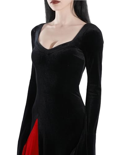 QRT Morticia Addams Costume, Women Velvet Maxi Dress,Vintage Gothic Witch Long Dress Halloween Family Cosplay Cocktail Party3