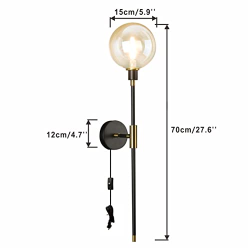 Image of KCO 1-Light Plug in Wall Sconces On /Off Switch Cord Black Modern Wall Mounted Light Fixture with Long Arm Glass Globe Shade Wall Lamp for Bedroom Living Room Kitchen Hallway (Amber & 2-Pack)