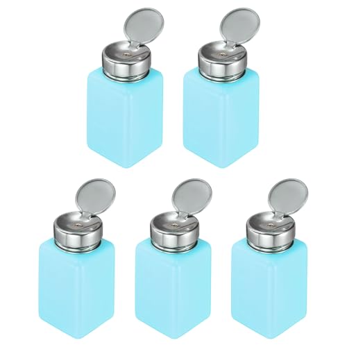 sourcing map 5pcs Solvent Alcohol Dispenser 200ml(6.7oz) Nail Polish Remover Push Down Liquid Dispenser Pump Bottle with Stainless Steel Press Head for Acetone Solution, Blue