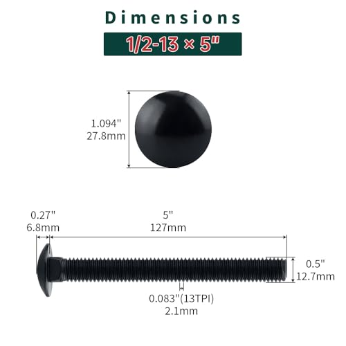 Image of 1 /2-13 x 5 Black Carriage Bolts with Nuts and Washers Kits (6 Sets), 304 Stainless Steel 18 /8, Black Finish, Round Head, Square Neck, Heavy Duty Bolts, Indoor Outdoor Fastening Bolts, Fayeploo