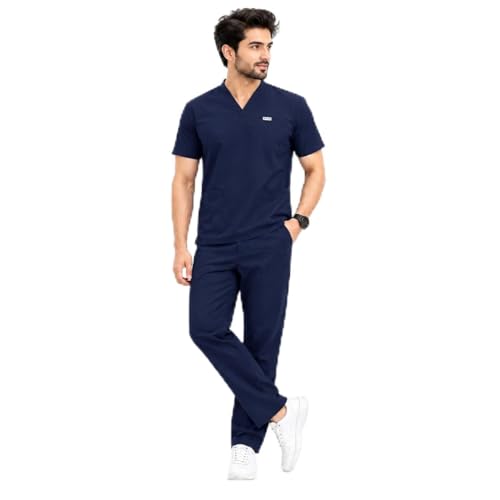Image of Unisex Medical Scrub Suit Set, V-Neck Top with Pants, Short Sleeve, Polyester Cotton Blend, 7 Pockets, Regular Fit, Hospital Doctor Nurse Uniform