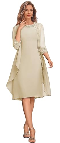 Short Mother of The Bride Dresses for Women 2 Pieces Formal Dress with Jacket Beaded Evening Party Gown
