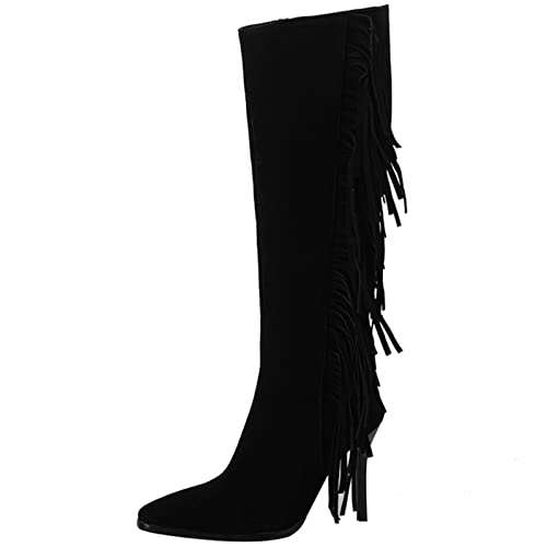CHICMARK Sexy Stiletto Tacones Botas altas hasta la rodilla con borlas y punta cuadrada, Negro , 45 EU Cover