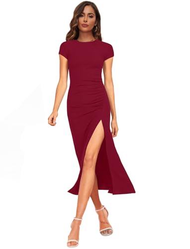 Image of NOVANDO Casual Short Sleeve Ruched Cotton Bodycon Midi Dress for Women 2024 Summer Crew Neck Party Club T Shirt Dress