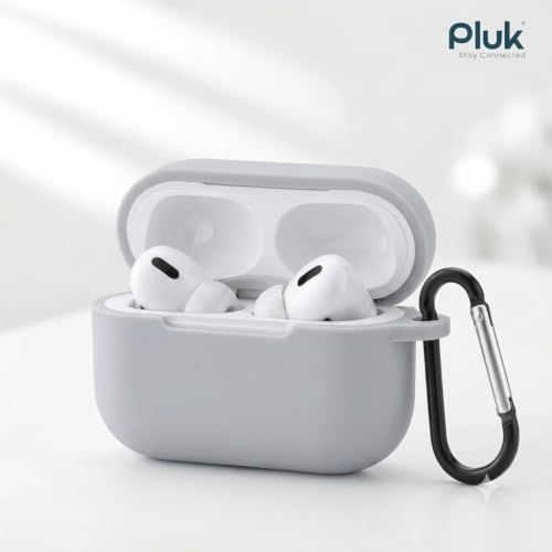 Image of PLUK Soft Silicone Case Cover Compatible with Apple AirPods Pro 3 (3rd Generation 2025) - Shockproof 360 Protective Skin,Full Protection with Hook & Keychain, Front LED Visible - Light Grey