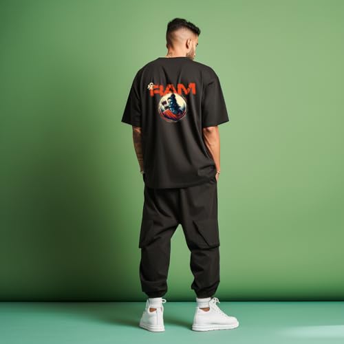 Image of prabhu bhakti Men's Oversized Shri Ram Printed Black T-Shirt | Back Print Drop Shoulder Pure Cotton Oversized Tshirt for Men