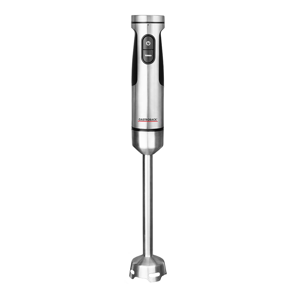 GASTROBACK Frullatore a immersione in acciaio inox, 1500 W, asta per purea con 2 accessori per miscelare, pestello, frusta, 20 livelli e turbo con rivestimento in titanio a 4 coltelli, lavabile in