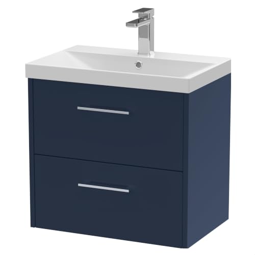 Image of Balterley Vanity Unit with Basin Wall Hung, 2 Drawer Soft Close with Thin Edge Sink and Handles, Bathroom Vanity Units with Basin, Bathroom Sink Cabinet - 610 x 395 x 589mm (Midnight Blue)