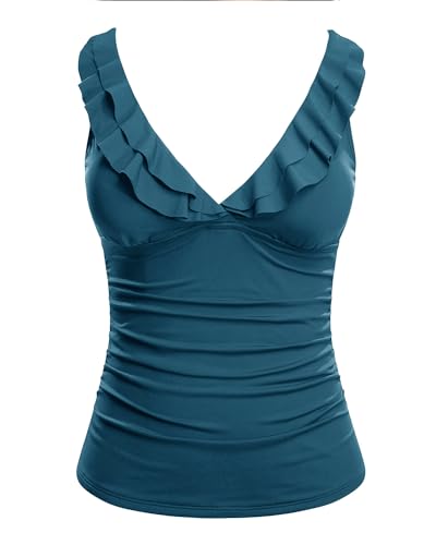 Image of Ruffle V Neck Tankini Top Only Women Tummy Control Swimsuit Tank Top | Removable cups for custom bust lift, Blend soft spandex to stretch easily