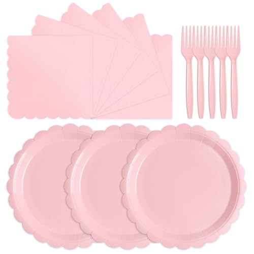 Image of Tyzarglef 105PCS Paper Plates and Napkins Set,7 Inch Scalloped Disposable Tableware with Forks for Birthdays, Garden Parties & Outdoor Events,Serves 35 (Light Pink)