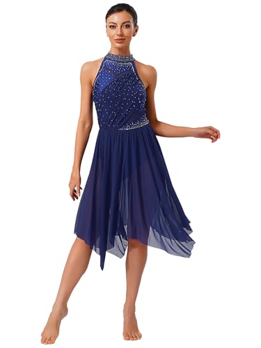 [Loodgao] Women Rhinestone Lyrical Dance Costume Irregular Tulle Skirt Leotard Modern Contemporary Dancewear lCr[u[ 2XL
