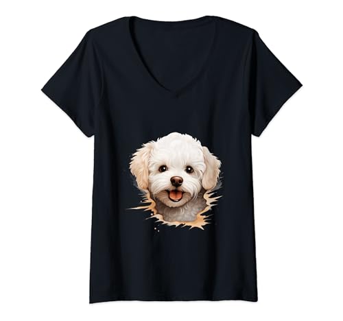 Donna Bichon Frise | Peeking Dogs | Barboncino Maglietta con Collo a V
