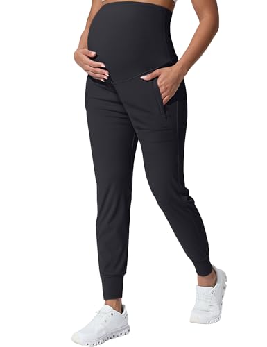 Mama Land Maternity Jogger Pregnancy Sweatpants High Waist Maternity Pants with Slant Pockets Yoga Workout Daily Casual Petite Winter Clothes (Black M)