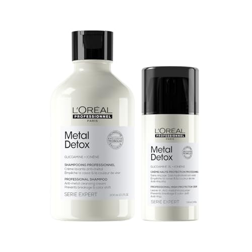 L'Oréal Professionnel, Rutina Con Champú Profesional 300 ml y Crema Sin Aclarado 100 ml, Cabello Dañado o Decolorado, Fortalece e Hidrata, Color Brillante y Duradero, Para Cabello Fuerte, Metal Detox