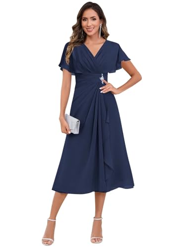 AUMEELAM Short Sleeve Chiffon Mother of The Bride Dress V Neck Tea Length Ruched Wedding Guest Dresses