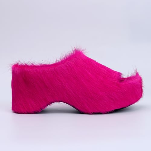 Image of XOBZJH Long-Hair Calfskin Chunky Clog Slide for Women - Memory Foam Luxury Slip on Shoes Women's Mules & Platform Clogs,Designer Mules for Women 2025