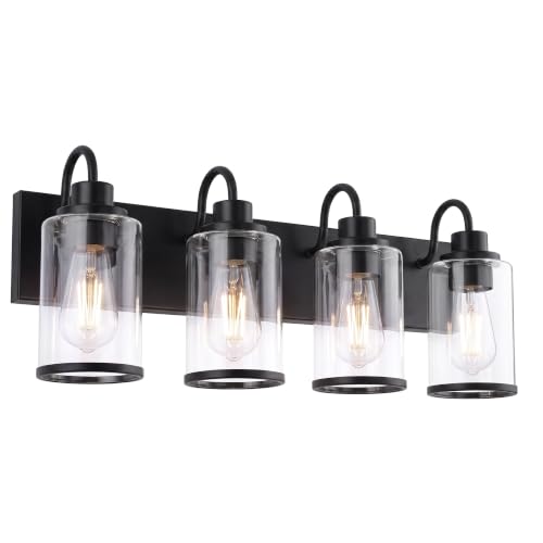 Image of Beionxii 4 Light Bathroom Light Fixtures, Black Modern Vanity Lights with Clear Glass Shades, Modern Vanity Lights Over Mirror, Wall Sconces for Kitchen Living Room Hallway Cabinet Porch,BX-VL01MB-4CG