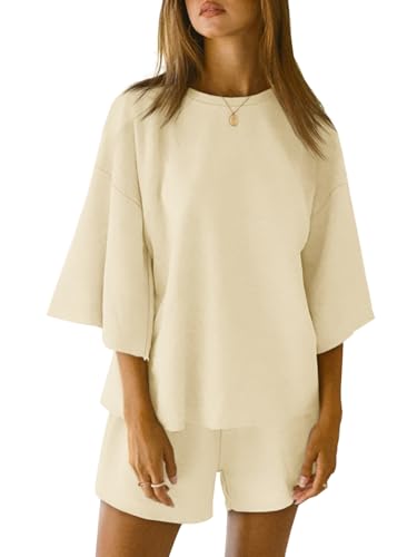 Image of Tankaneo Womens Pajama Sets 3 /4 Sleeve Oversized Tops & Loose Fit Shorts Lounge Set with Pockets Loungewear