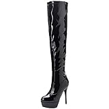  JYshoes Damen Stiletto Overknee Stiefel High Heel Plateau Lackstiefel Lange Boots mit Reißverschluss und 14 cm Absatz Schwarz 38 EU