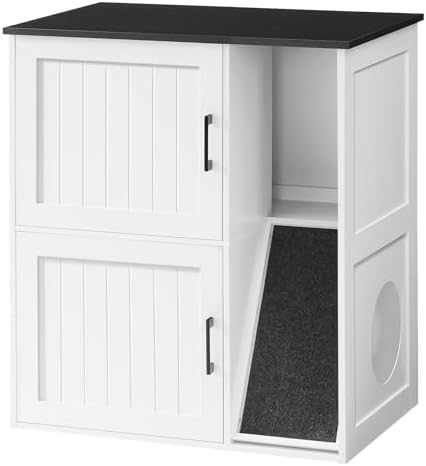 MAHANCRIS Litter Box Enclosure for 2 Cats, Hidden Litter Box Furniture with Scratch Pad, Double Litter Boxes Enclosure, Wooden Cat Washroom, Indoor Cat House End Table, White and Black CWBB3201