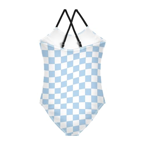 Image of Black and White Chess Girls One Piece Swimsuits Board Marble Tile Sport Halter Swimwear Beach Bathing Suit 3T