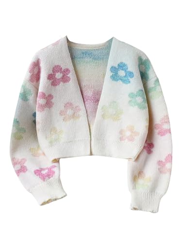 OYOANGLE Girl's Colorful Flower Open Front Cardigan Sweater Long Sleeve Loose Fall Knit Outerwear