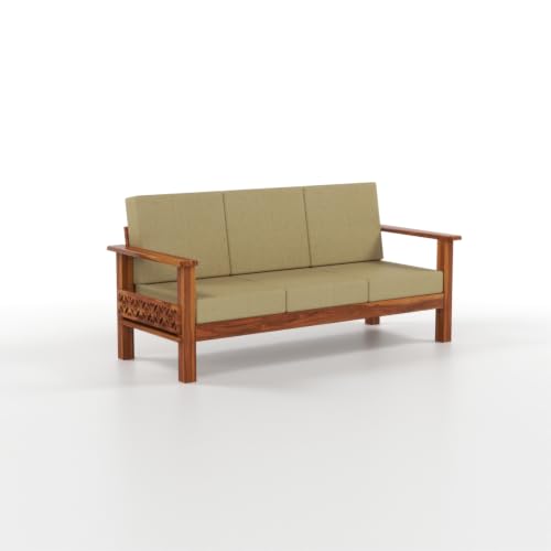 Image of Solid Sheesham Wood 3 Seater Sofa | Premium Wooden Sofa with Upholstered Cushions | Handmade Carved Couch for Living Room, Bedroom & Office