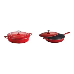 Tramontina Covered Braiser Enameled Cast Iron 4-Quart Gradated Red, 80131/050DS & Covered Skillet Enameled Cast Iron 12-Inch, Gradated Red, 80131/058DS
